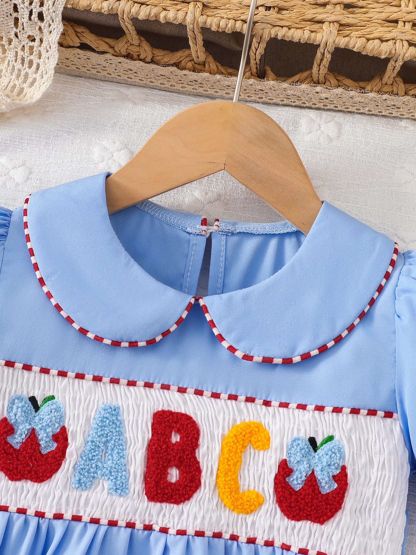 Wholesale 2-7Y Girls Peter Pan Collar ABC Apple Towel Embroidery Woven Dress, Kids Soft Waffle Smocked Back To School Casual Dress