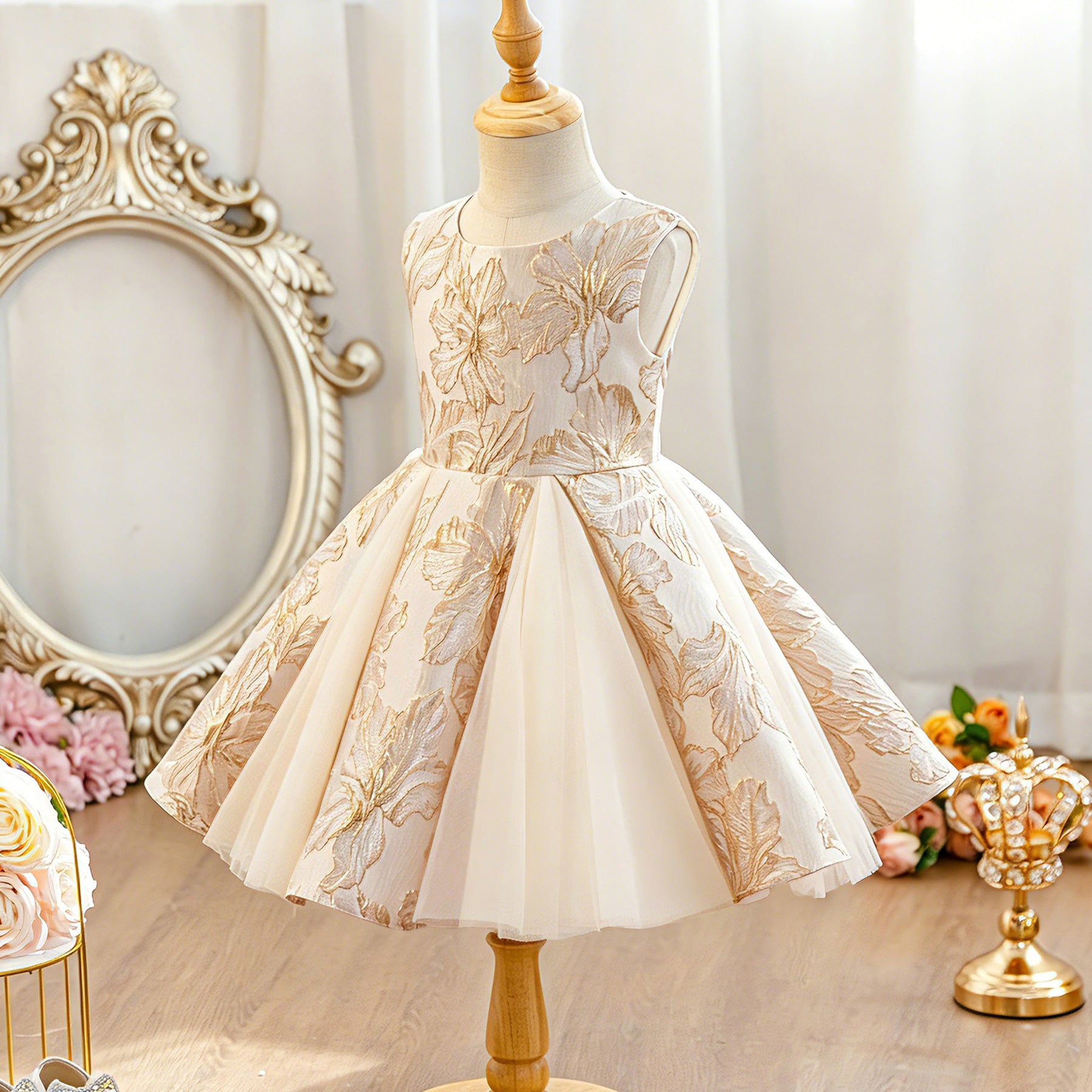 Wholesale 2-10Y Girls Sleeveless Gold Floral Jacquard Tulle Princess Dress, Kids Birthday Party Soft Woven Formal Gown