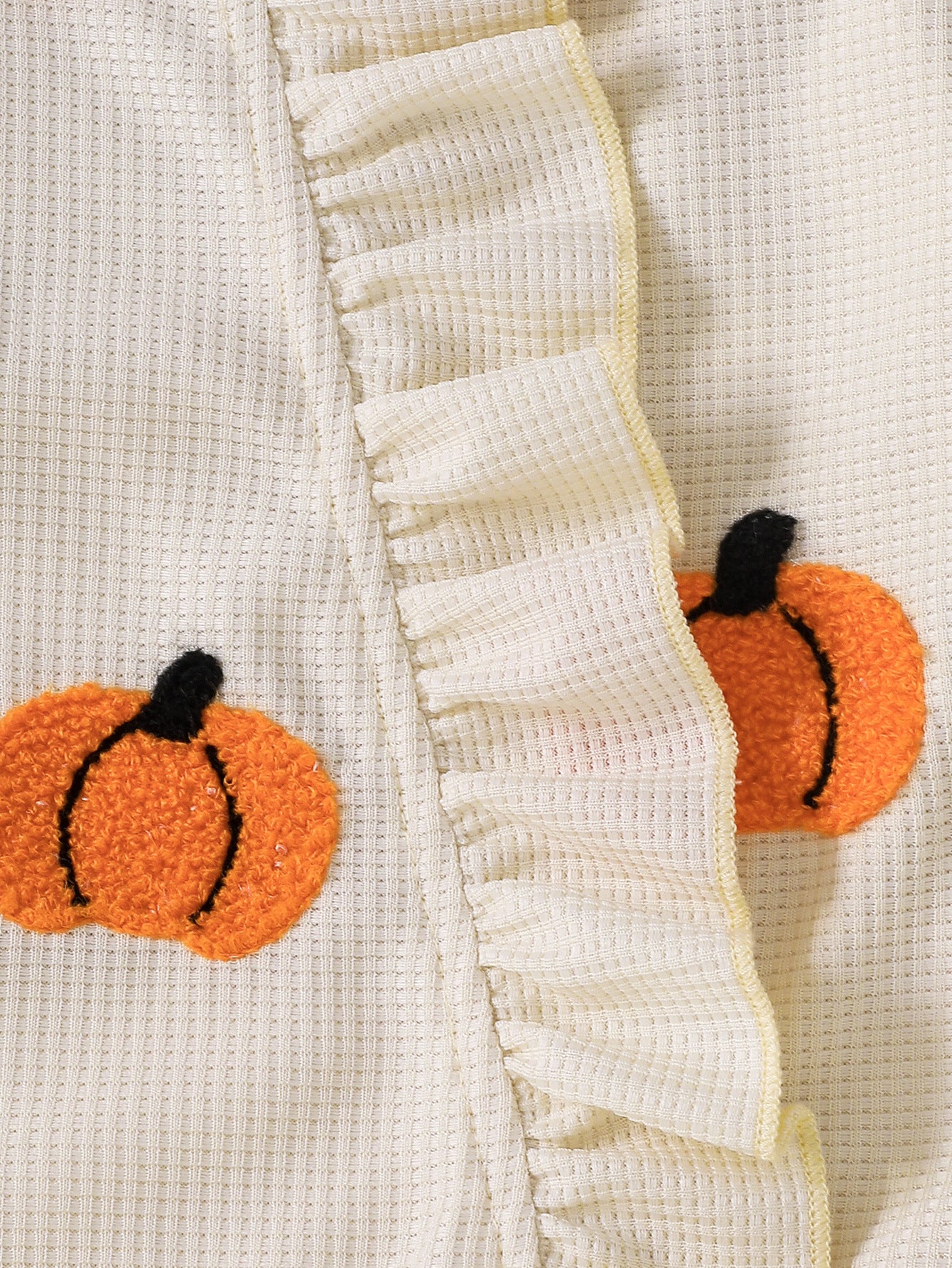 Wholesale 0-18M Baby Girls 2Pcs Ruffle Zipper Halloween Towel Embroidery Jumpsuit Set, Soft Waffle Knit Pumpkin Ghost Romper With Bow Headband