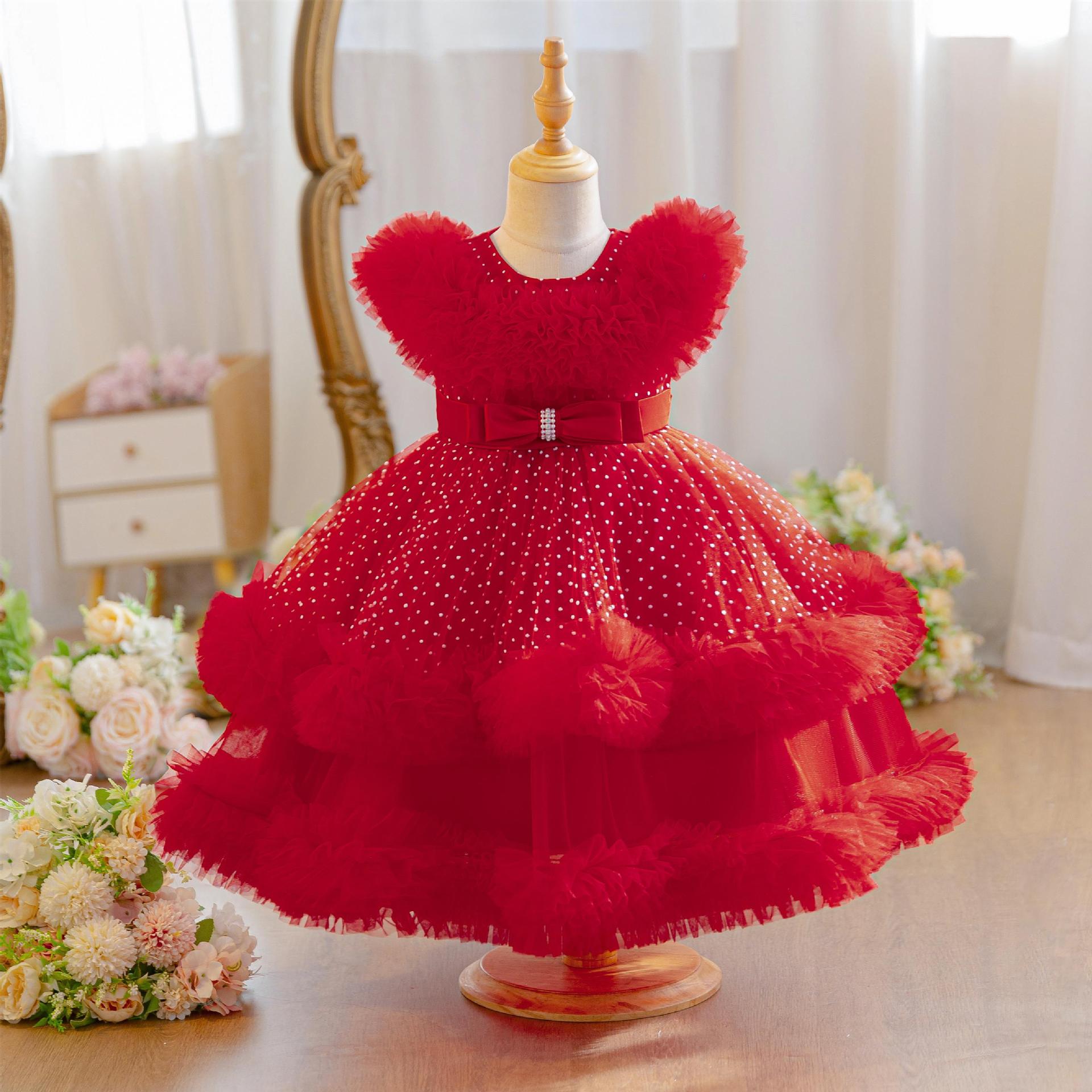 Wholesale 18M-7Y Girls Ruffle Tulle Polka Dot Princess Dress, Kids Birthday Party Rhinestone Bow Soft Mesh Formal Gown