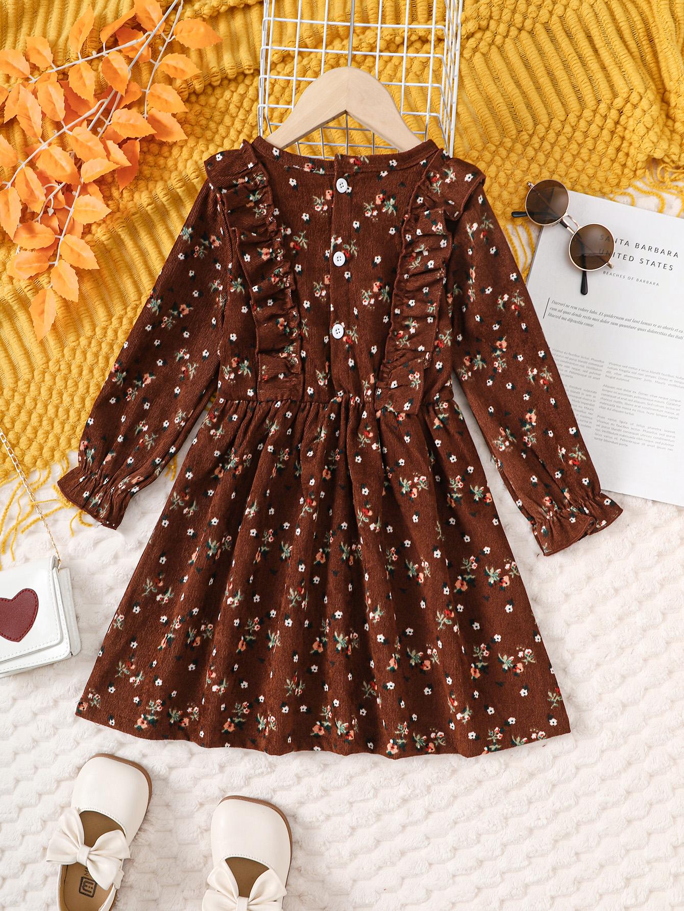 12M-7Y Ready Stock 12M-7Y Kid Toddler Girls Dress Floral Print Long Sleeve Ruffle Corduroy Dress One Piece Casual Dress Catpapa 462308165