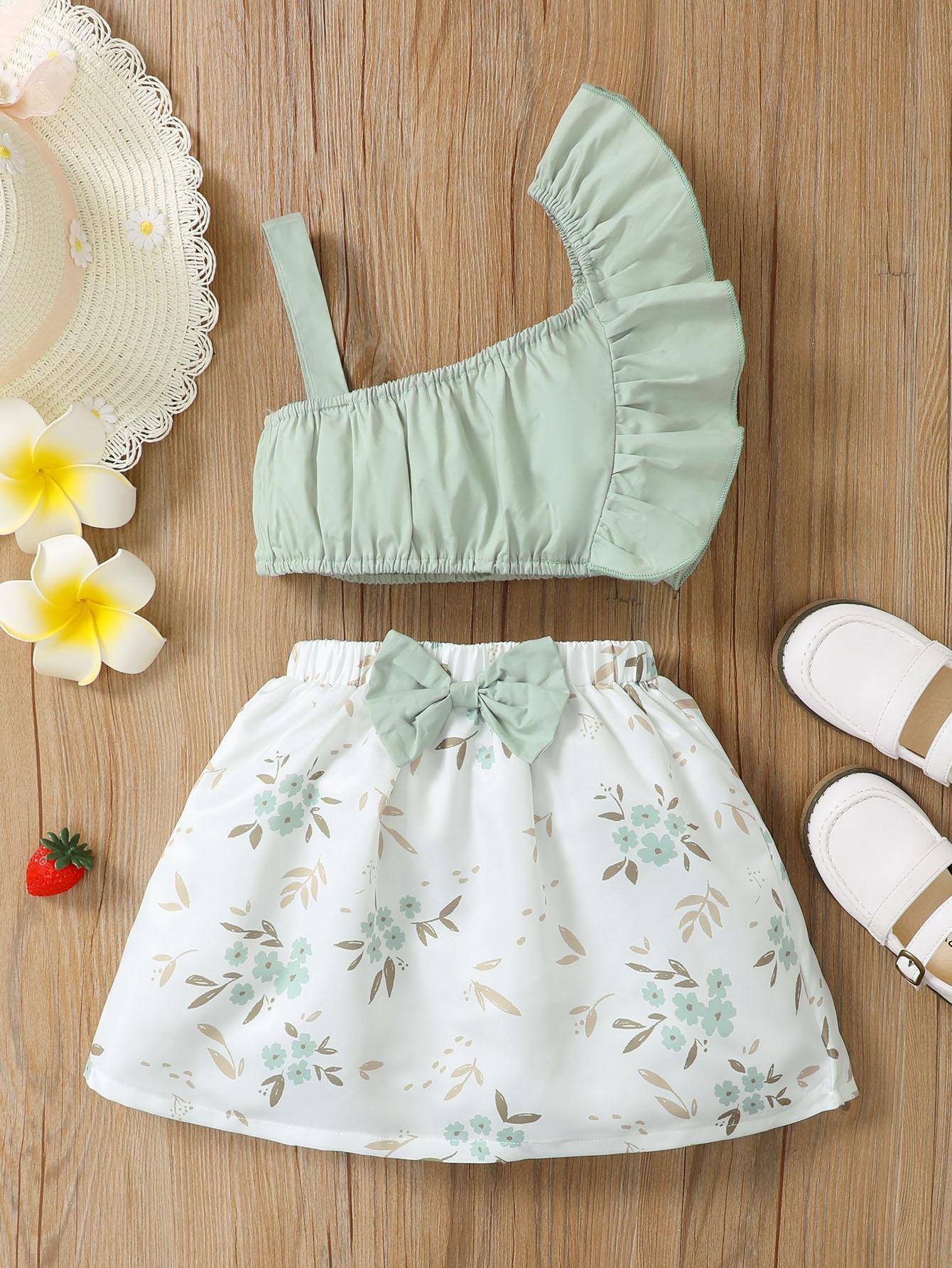 12M-7Y Kids Fashion Girls Clothes One Shoulder Summer Tops Flower Skirts 2Pcs Outfits Yellow catpapa 12110513