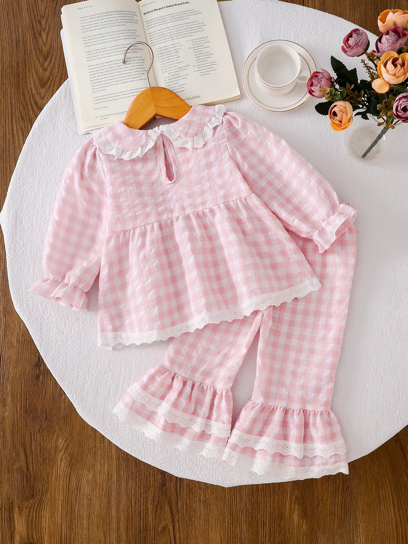 Wholesale 6M-4T Girls 2Pcs Gingham Lace Bow Long Sleeve Pajama Set, Kids Soft Woven Plaid Sweet Loungewear Outfit