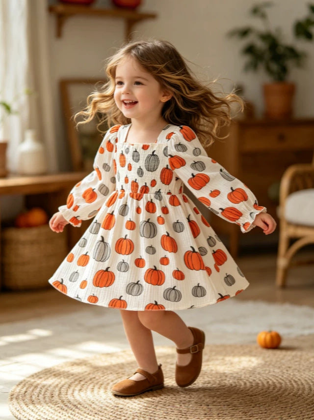 Wholesale 6M-4T Girls Square Neck Halloween Print Smocked Long Sleeve Dress, Soft Crinkle Woven Toddler A-Line Casual Dress