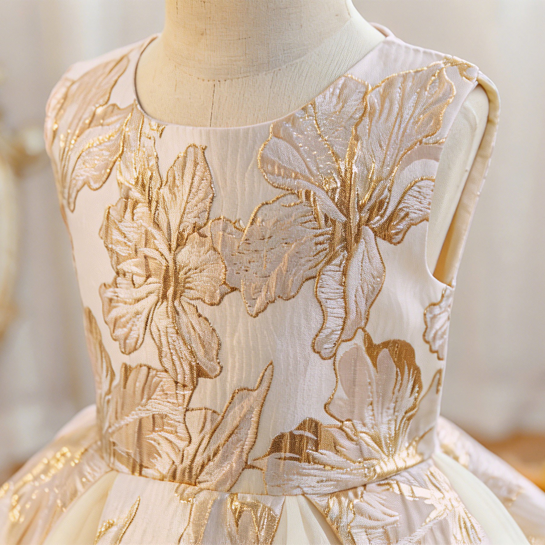Wholesale 2-10Y Girls Sleeveless Gold Floral Jacquard Tulle Princess Dress, Kids Birthday Party Soft Woven Formal Gown