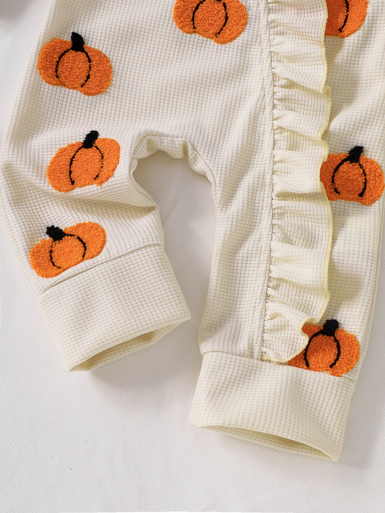 Wholesale 0-18M Baby Girls 2Pcs Ruffle Zipper Halloween Towel Embroidery Jumpsuit Set, Soft Waffle Knit Pumpkin Ghost Romper With Bow Headband