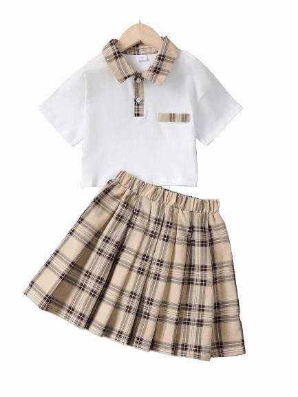 8-14Y Ready Stock Kid Girls 2pcs Preppy Patchwork Button Polo Short Sleeves Tops Plaid Pleated Skirt Set Summer Clothes White Catpapa 623010001