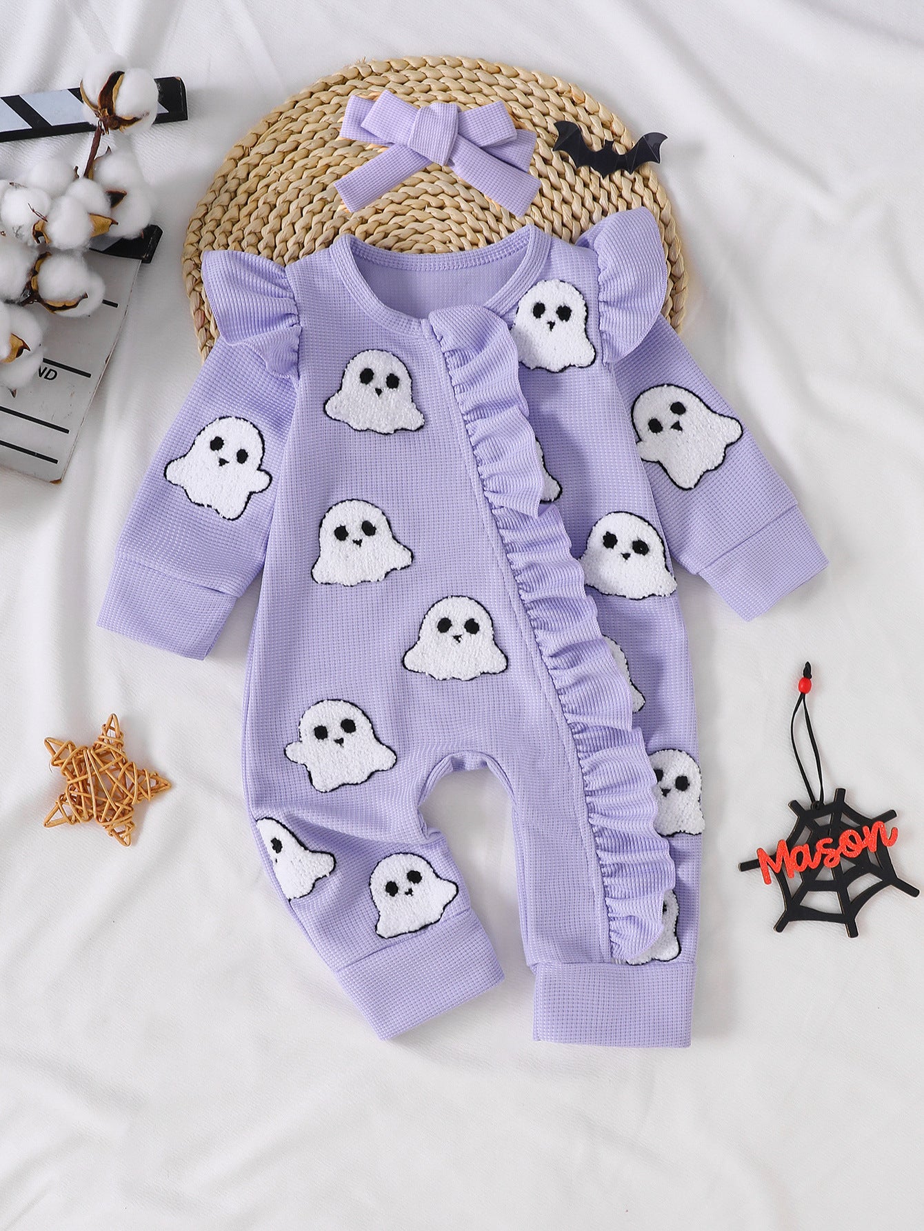 Wholesale 0-18M Baby Girls 2Pcs Ruffle Zipper Halloween Towel Embroidery Jumpsuit Set, Soft Waffle Knit Pumpkin Ghost Romper With Bow Headband