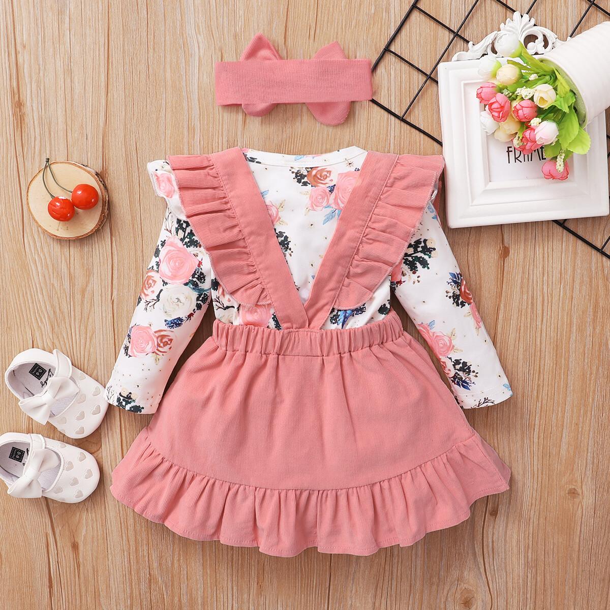 0-12M Newborn Baby Girl Fall Clothes Long Sleeve Pink Ruffle Floral Romper Dress Wholesale Baby Clothes Catpapa 22010092