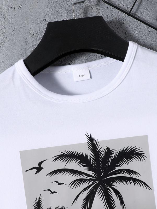 7-15Y Big Boys 2-Pieces Summer Clothes Hawaii Style Coconut Tree Graphics Knit Loose Short Sleeve Casual Tee Cargo Shorts Set White Catpapa 462401032