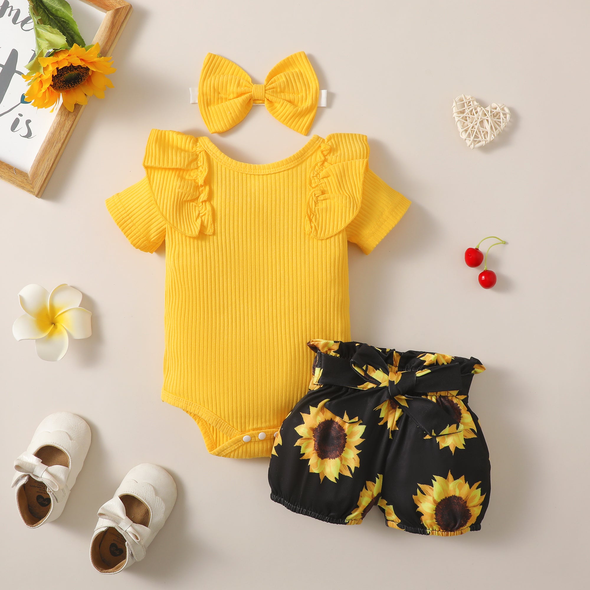【WILD LIKE MY CURLS】baby girl short sleeve summer clothes baby girl yellow romper and sunflower pant set YW2012053