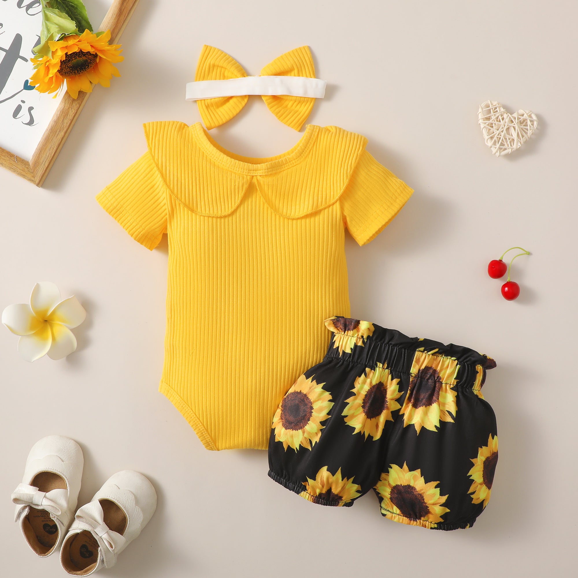 【WILD LIKE MY CURLS】baby girl short sleeve summer clothes baby girl yellow romper and sunflower pant set YW2012053