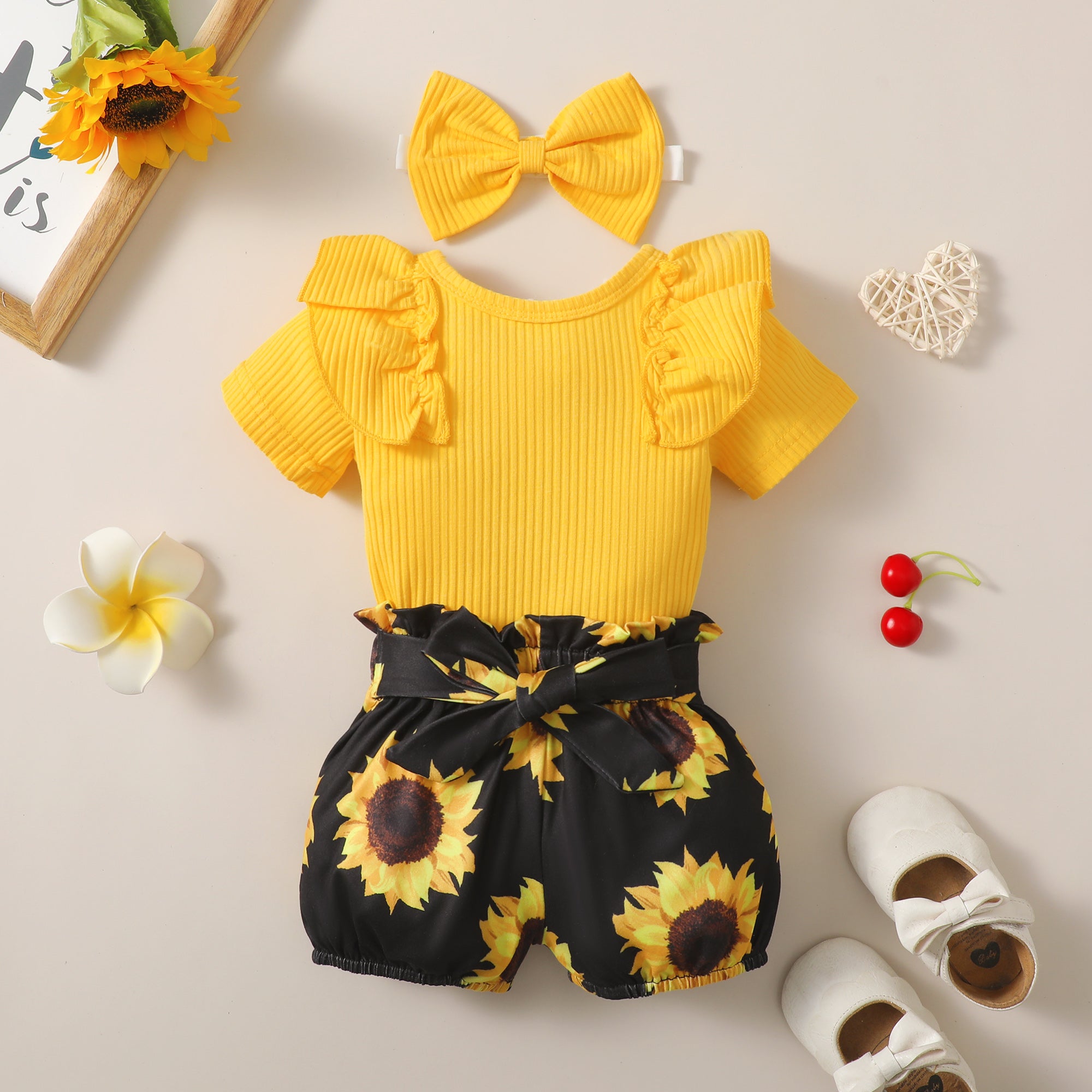 【WILD LIKE MY CURLS】baby girl short sleeve summer clothes baby girl yellow romper and sunflower pant set YW2012053