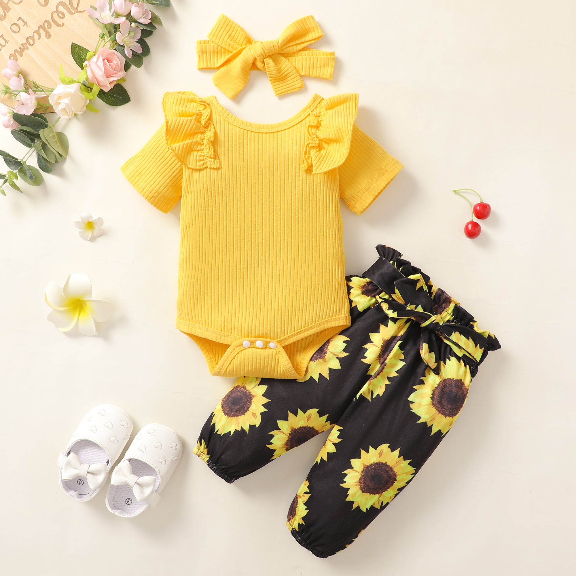【WILD LIKE MY CURLS】baby girl summer clothes baby girl yellow romper and sunflower pant set YW2012026
