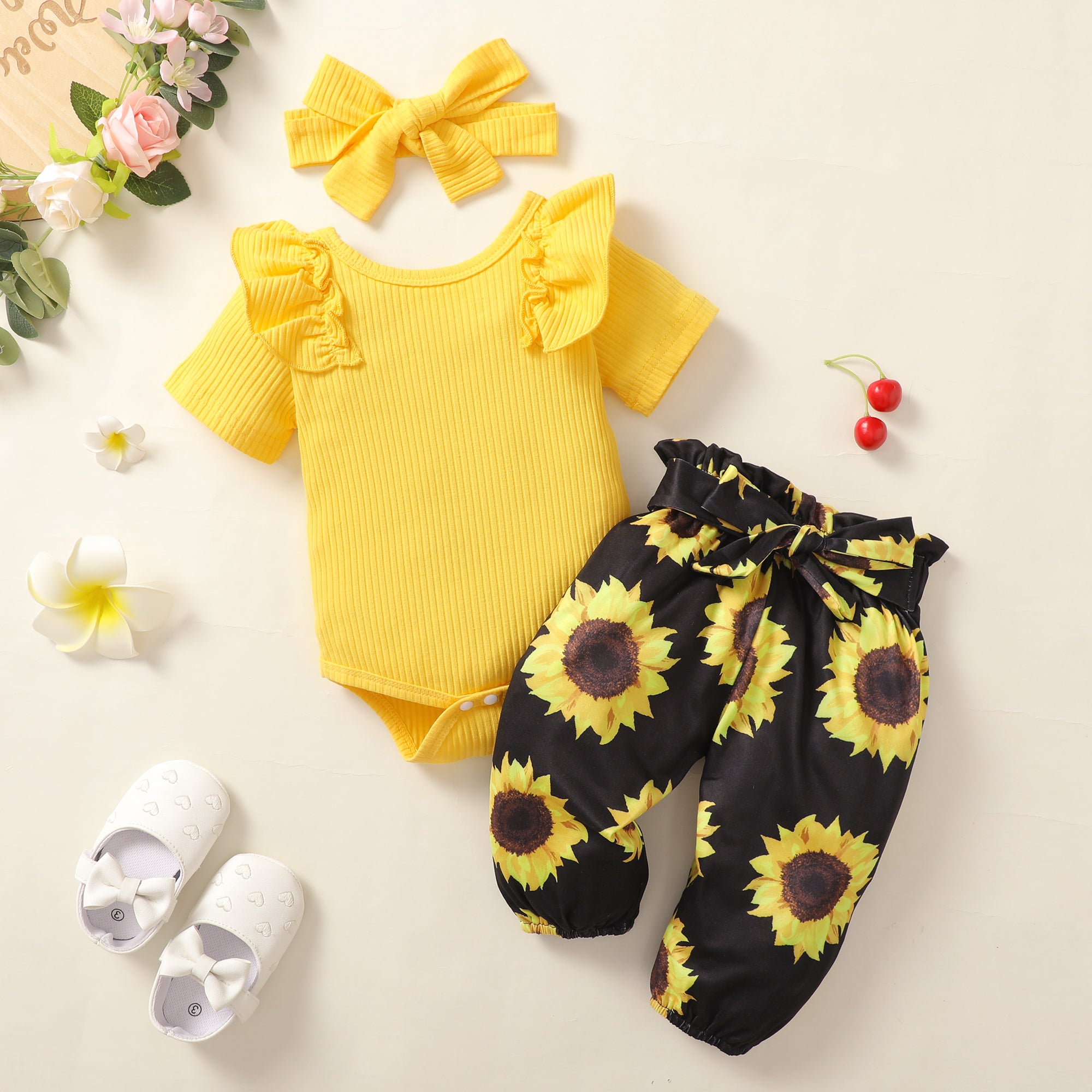 【WILD LIKE MY CURLS】baby girl summer clothes baby girl yellow romper and sunflower pant set YW2012026