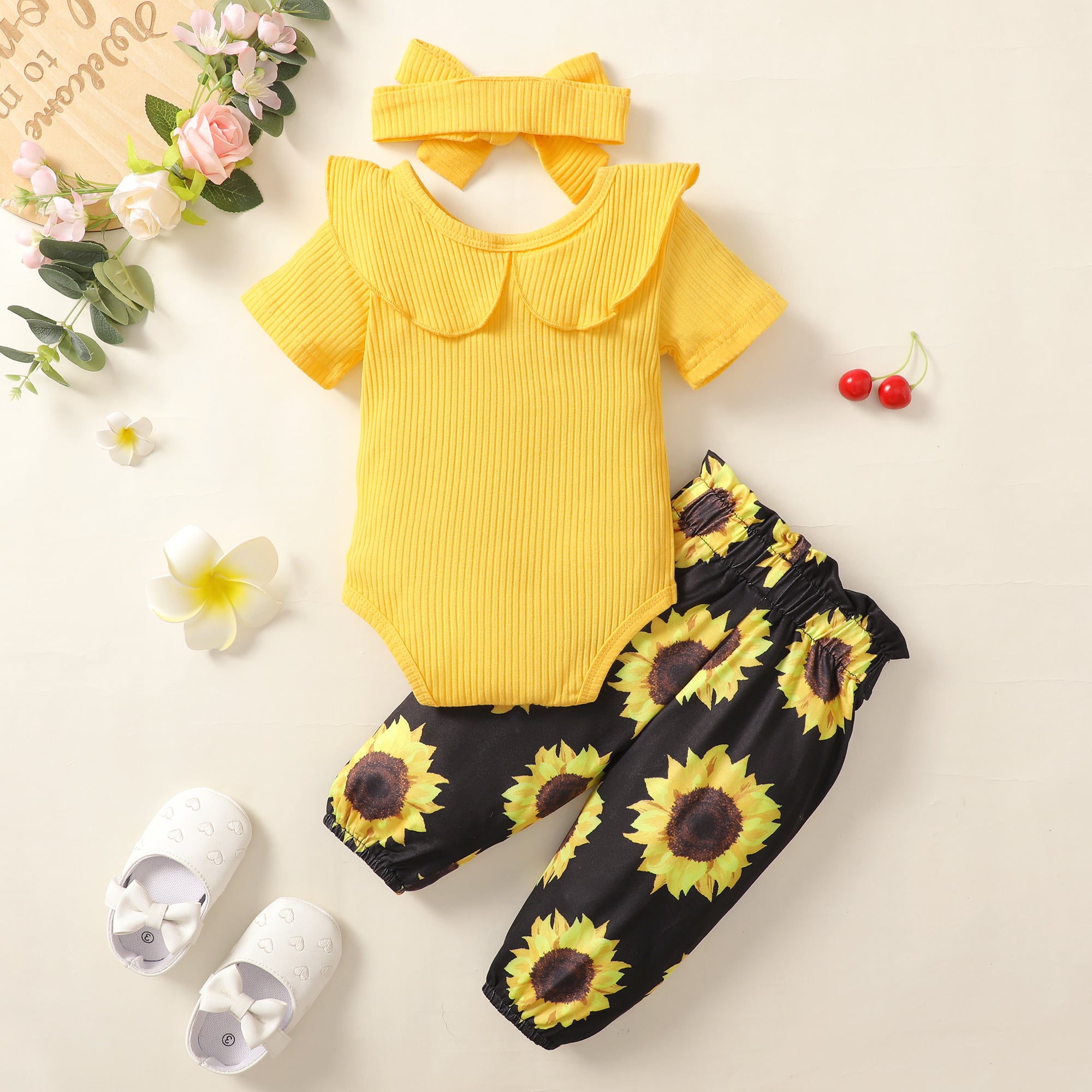 【WILD LIKE MY CURLS】baby girl summer clothes baby girl yellow romper and sunflower pant set YW2012026