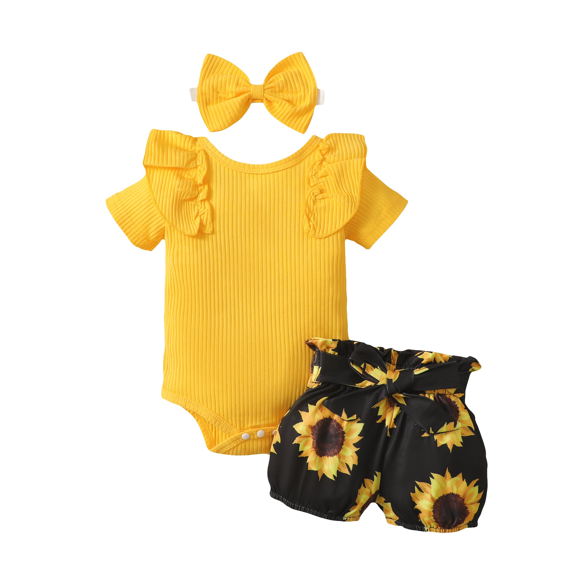 【WILD LIKE MY CURLS】baby girl short sleeve summer clothes baby girl yellow romper and sunflower pant set YW2012053