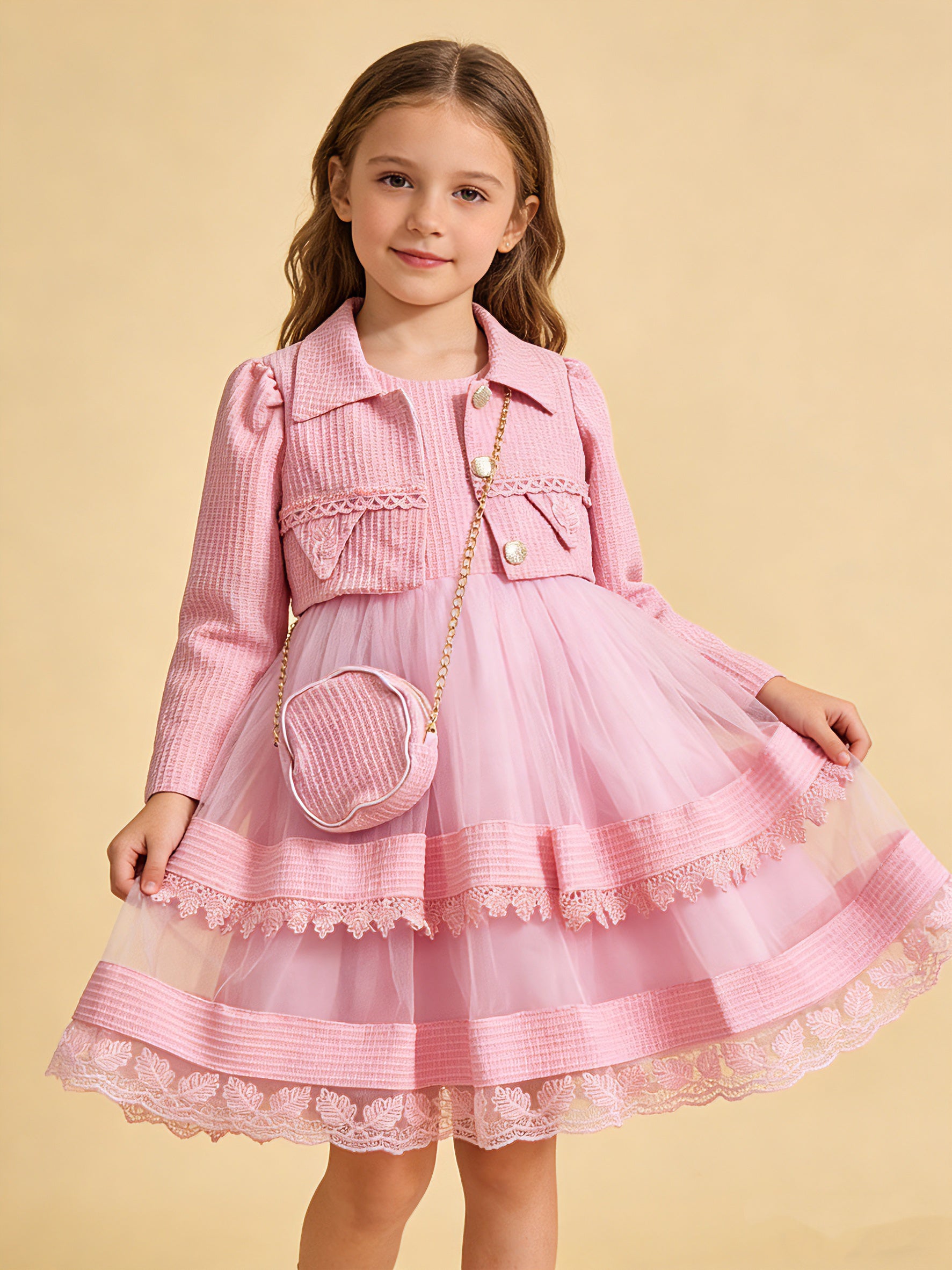 Wholesale 5-10Y Girls 3Pcs Waffle Lace Tiered Tulle Princess Dress Set, Kids Birthday Party Lapel Jacket Soft Fabric Formal Outfit With Mini Chain Bag