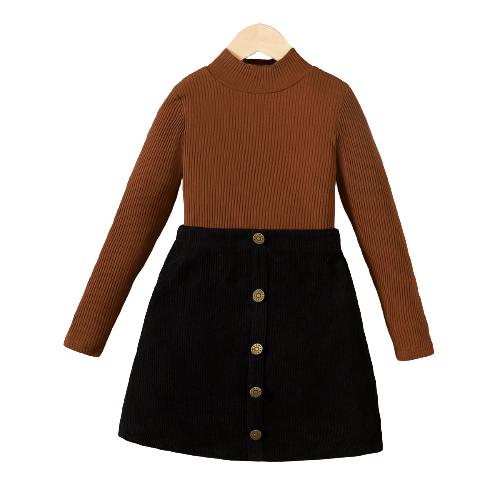 5-14Y Kids Clothes Girls Skirts Sets For Spring Autunmu Stand-up Collar Solid Color Tops Button Skirts 2Pcs Brown Catpapa 462305005