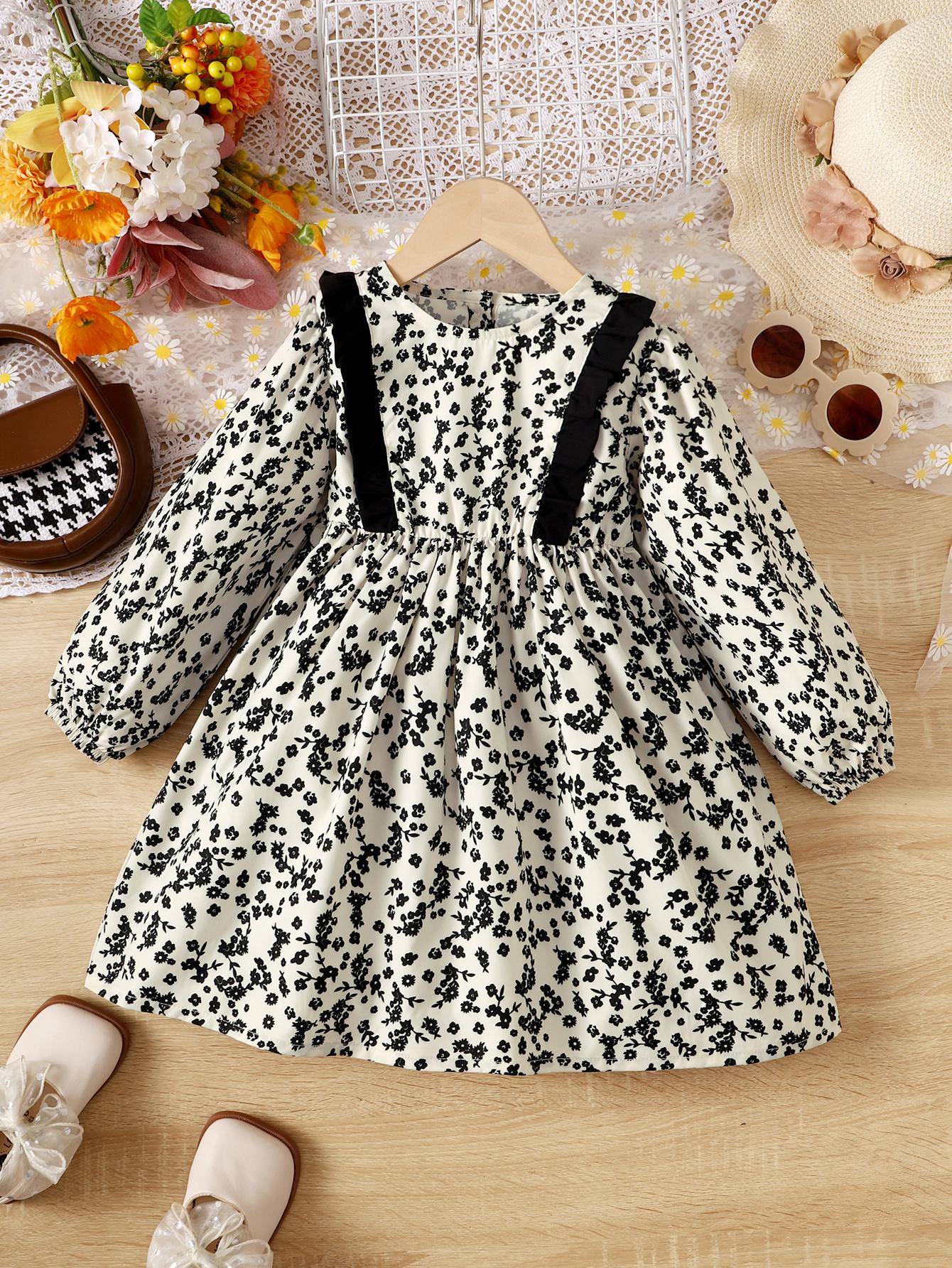 9M-6Y Ready Stock Baby Girls Dress Floral Pattern Long Sleeve Dress One Piece Sun Dress White Catpapa 623060005