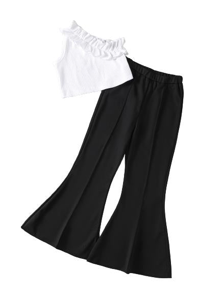 5-14Y Kid Fashion Girls Clothes Sloping Shoulder Lotus Leaf Side Tops Elastic Bell-bottomed Pants 2Pcs Casual Outfits White Catpapa 462302003