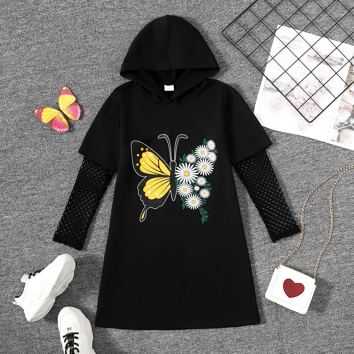 8-14Y Kid Girls Dress Butterfly Daisy Print Grid Hollow Out Long Sleeve Hoodies Dress One Piece Casual Dress 8-14Y Black Catpapa 462308031