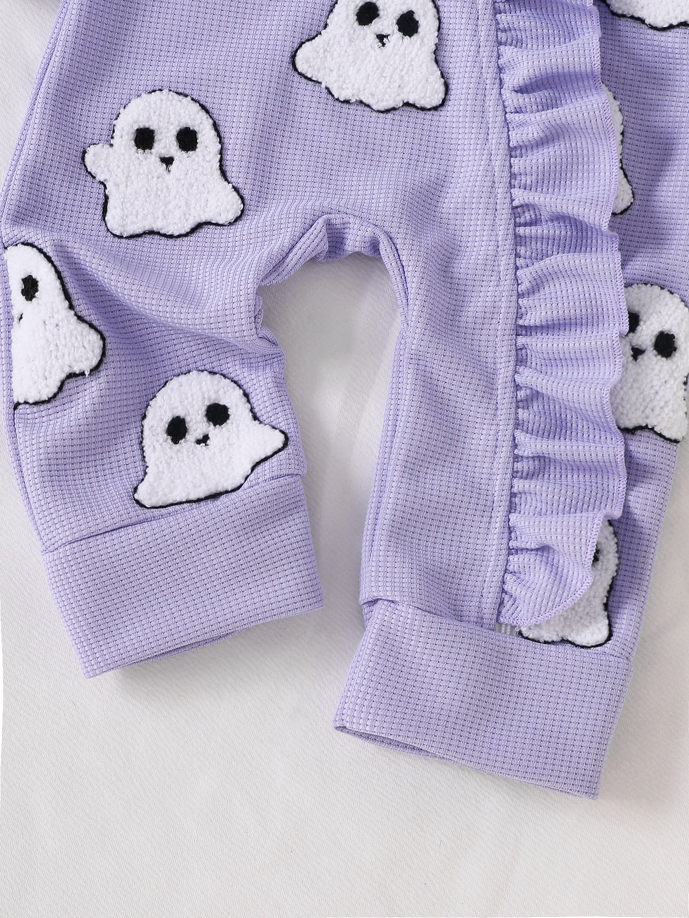 Wholesale 0-18M Baby Girls 2Pcs Ruffle Zipper Halloween Towel Embroidery Jumpsuit Set, Soft Waffle Knit Pumpkin Ghost Romper With Bow Headband