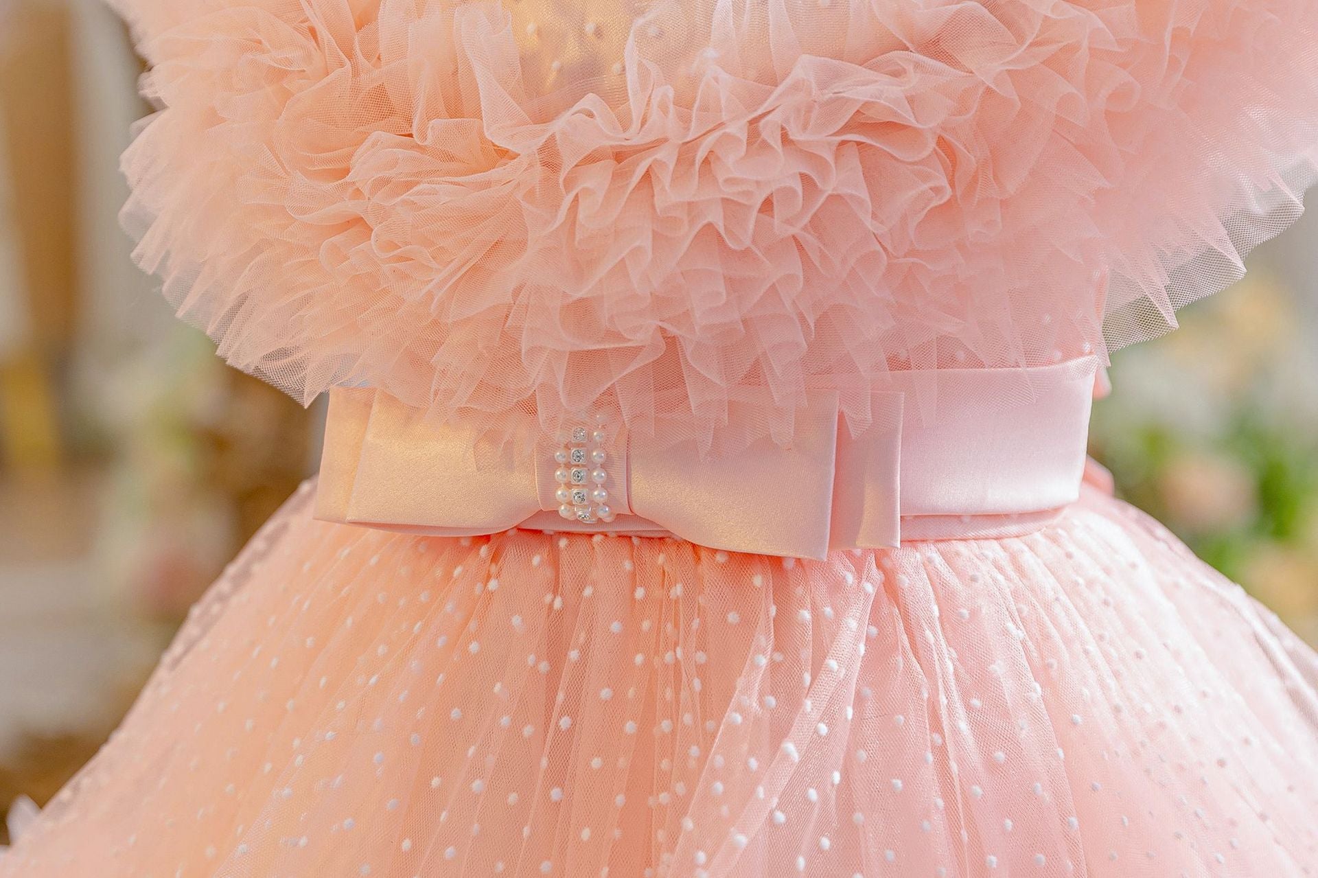 Wholesale 18M-7Y Girls Ruffle Tulle Polka Dot Princess Dress, Kids Birthday Party Rhinestone Bow Soft Mesh Formal Gown