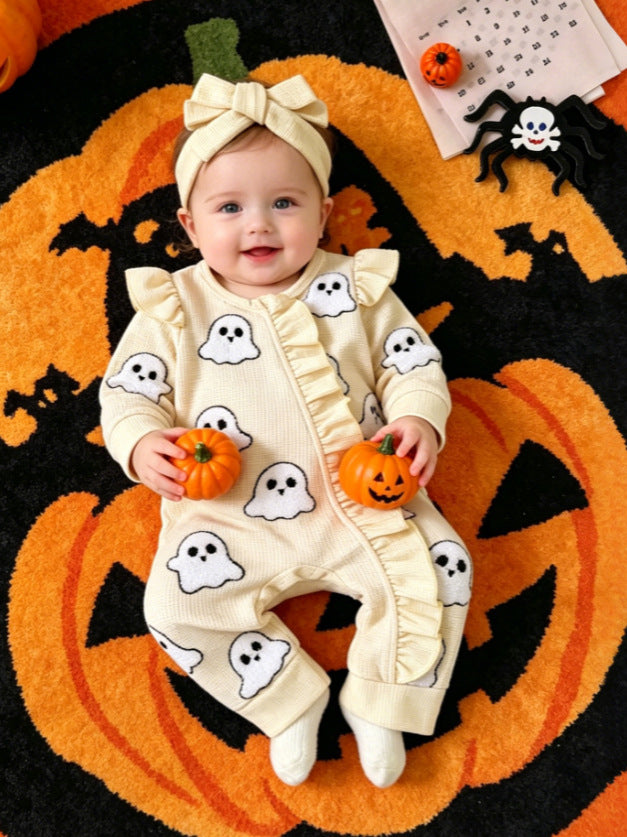 Wholesale 0-18M Baby Girls 2Pcs Ruffle Zipper Halloween Towel Embroidery Jumpsuit Set, Soft Waffle Knit Pumpkin Ghost Romper With Bow Headband