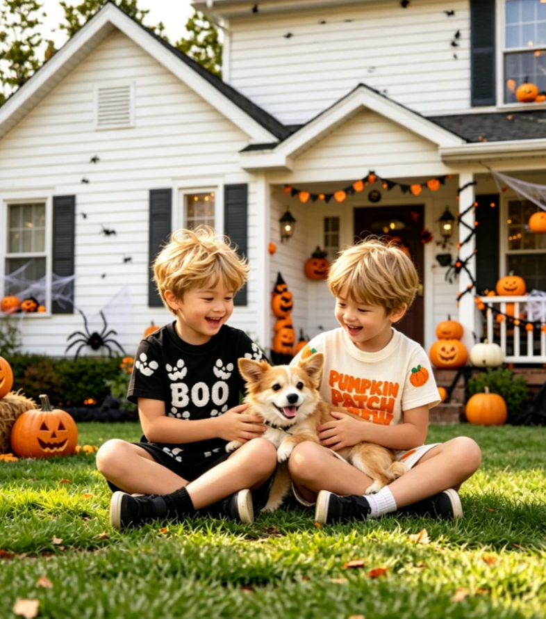 Wholesale 6M-4T Boys 2Pcs Waffle Knit Halloween Towel Embroidery Outfit Set, Kids Soft Thermal Halloween Short Sleeve Top & Shorts Set