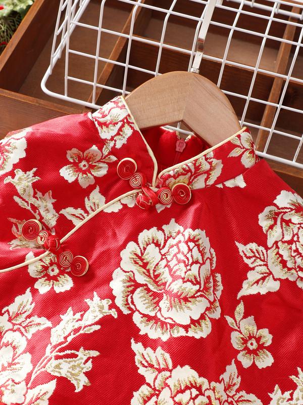 12M-7Y Girls Gauze Satin Dress Tangzhuang Peony Embroidery V-neck Cheongsam Qipao Sleeveless Dress Clothes Red Catpapa YL1193
