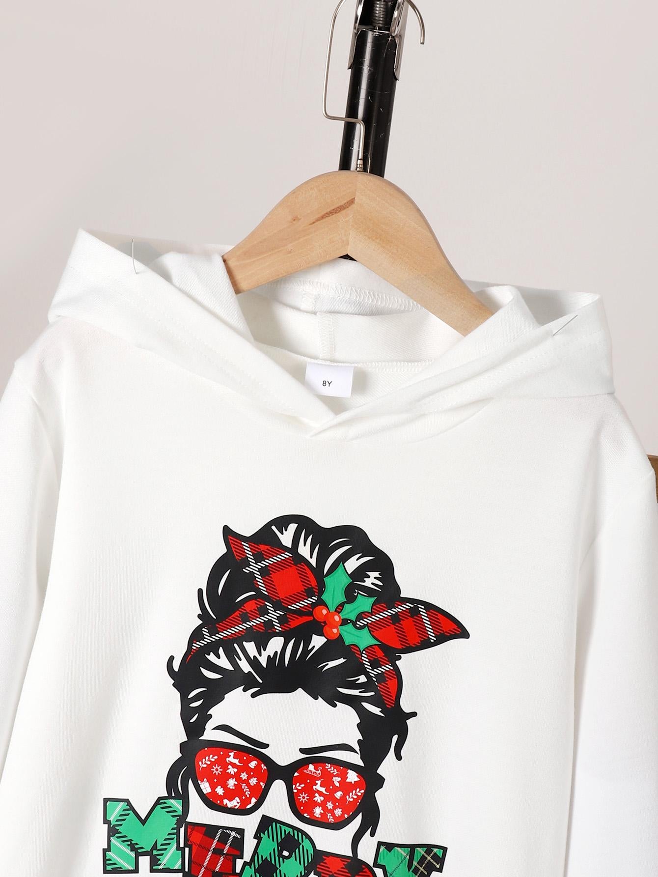 8-14Y 2pcs Girl's MERRY CHRISTMAS Print Outfit Hooded Long Sleeve Top, Flared Pants Kid's Clothes Set For Spring Fall Winter White Catpapa 462307026