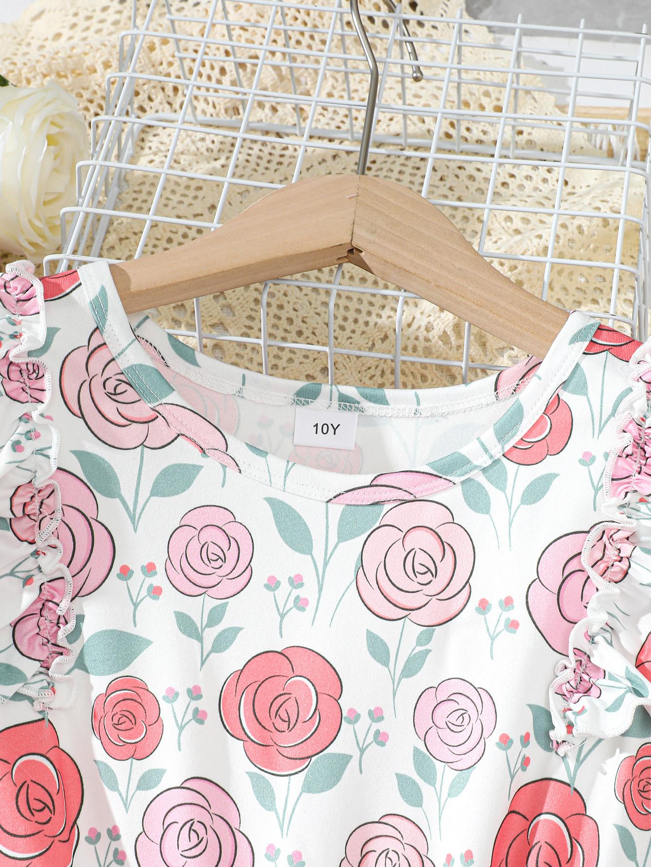 8-12Y Ready Stock 8-12y Big Girls Feast Dress Rose Print Ruffle Splice Gauze Sleeveless Dress One Piece Princess Dress Pink Catpapa YCS132312303