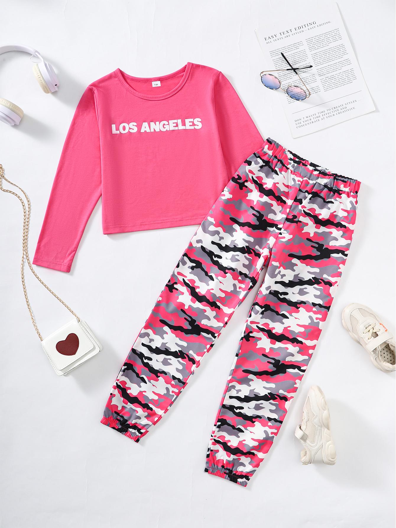 8-14Y Kids Girls Clothes Los Angeles Graphic Long Sleeve Casual Tops Elastic Camouflage Pants 2Pcs Fall Winter Outfits Rose Red Catpapa 462305014