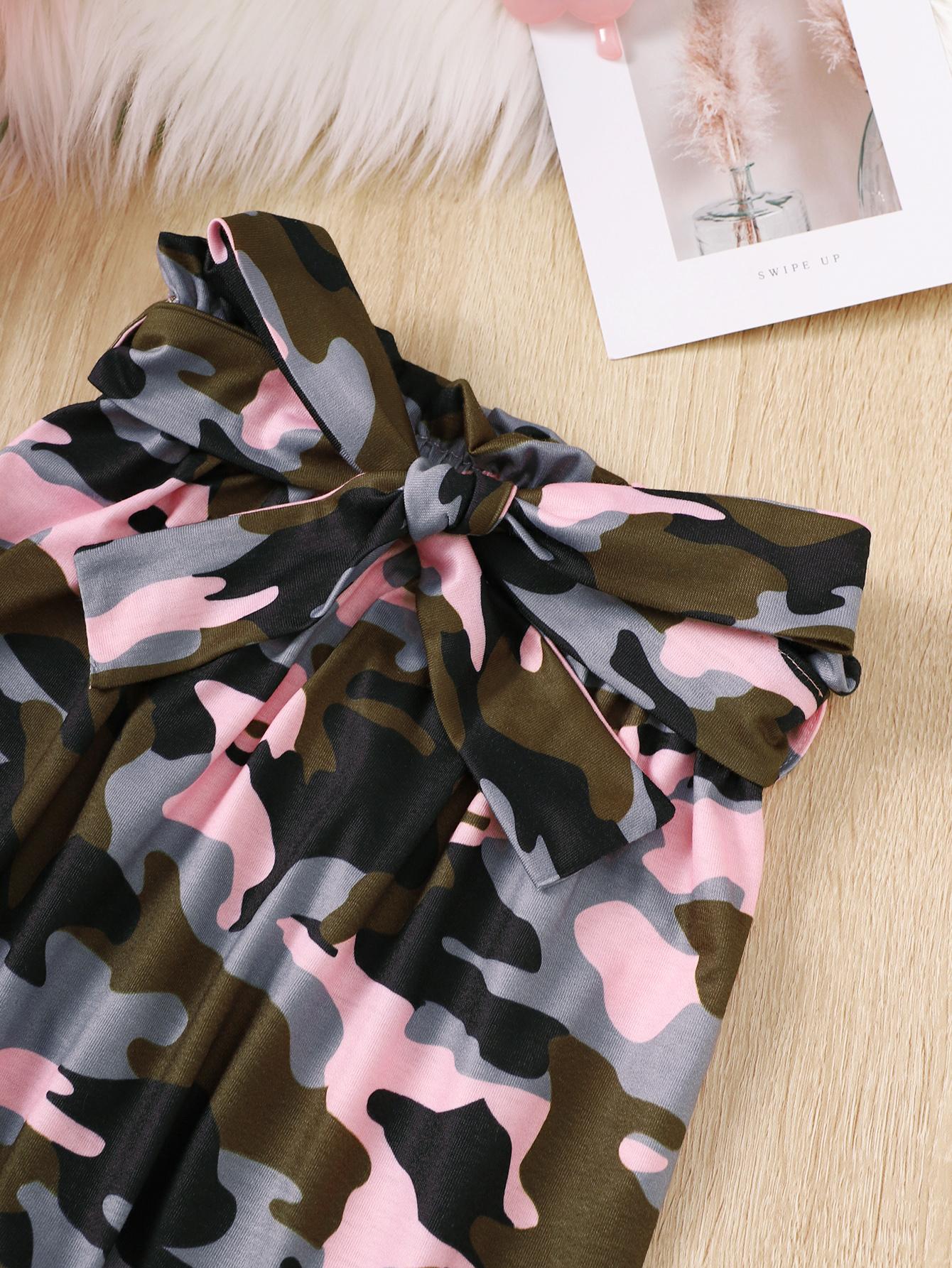 4-6Y Kid clothes Girls Clothes Solid Color Ruffle Long Sleeve Dress Camouflage Pants Headband 3Pcs Casual Outfit Sets Pink Catpapa 462311008