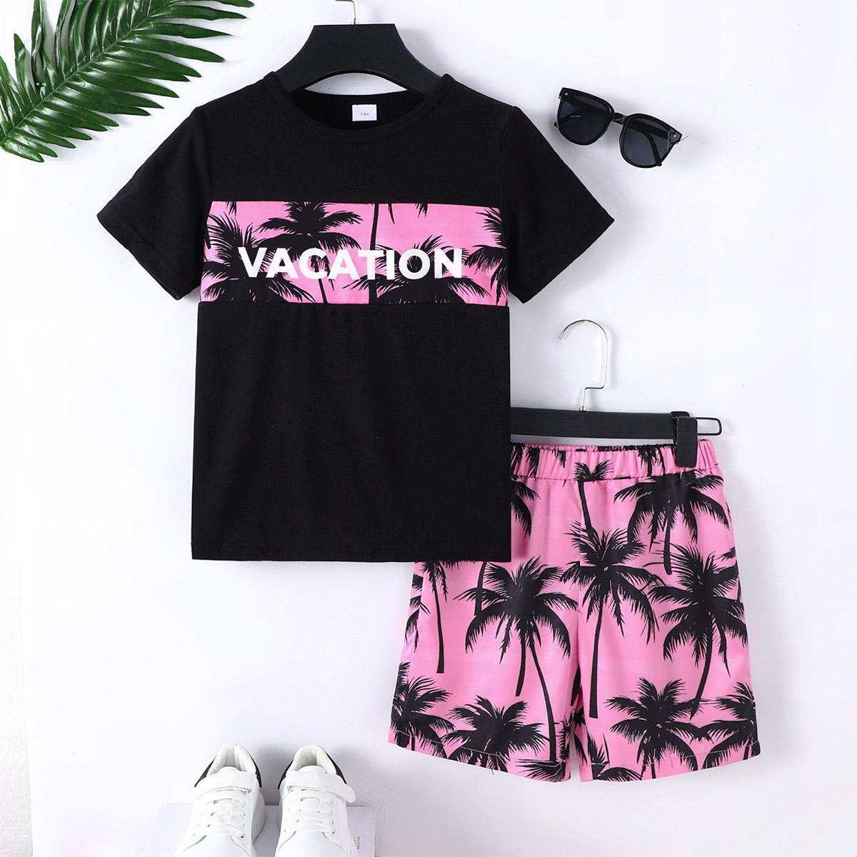 7-15Y Kid Boys Coconut Tree And VACATION Letter Graphic Print Splice Short Sleeve T-shirt 2Pcs Comfy Summer Clothing Pink Catpapa 462401036