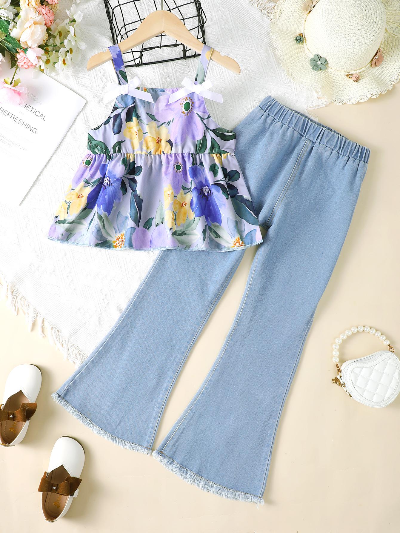 5-14Y Big Girls Clothes Floral Print Summer Straps Tops Washed Demin Pants 2Pcs Outfits Set Blue Catpapa 462302002