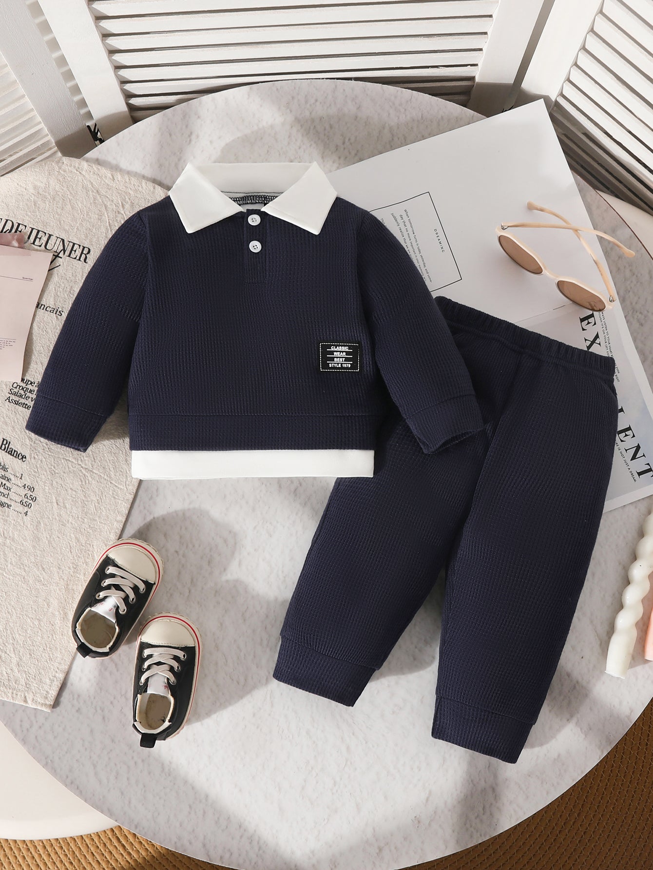 Wholesale 6M-3T Boys 2Pcs Waffle Knit Polo Sweatshirt Outfit Set, Soft Textured Fabric Toddler Fake Two-Piece Top & Jogger Pants