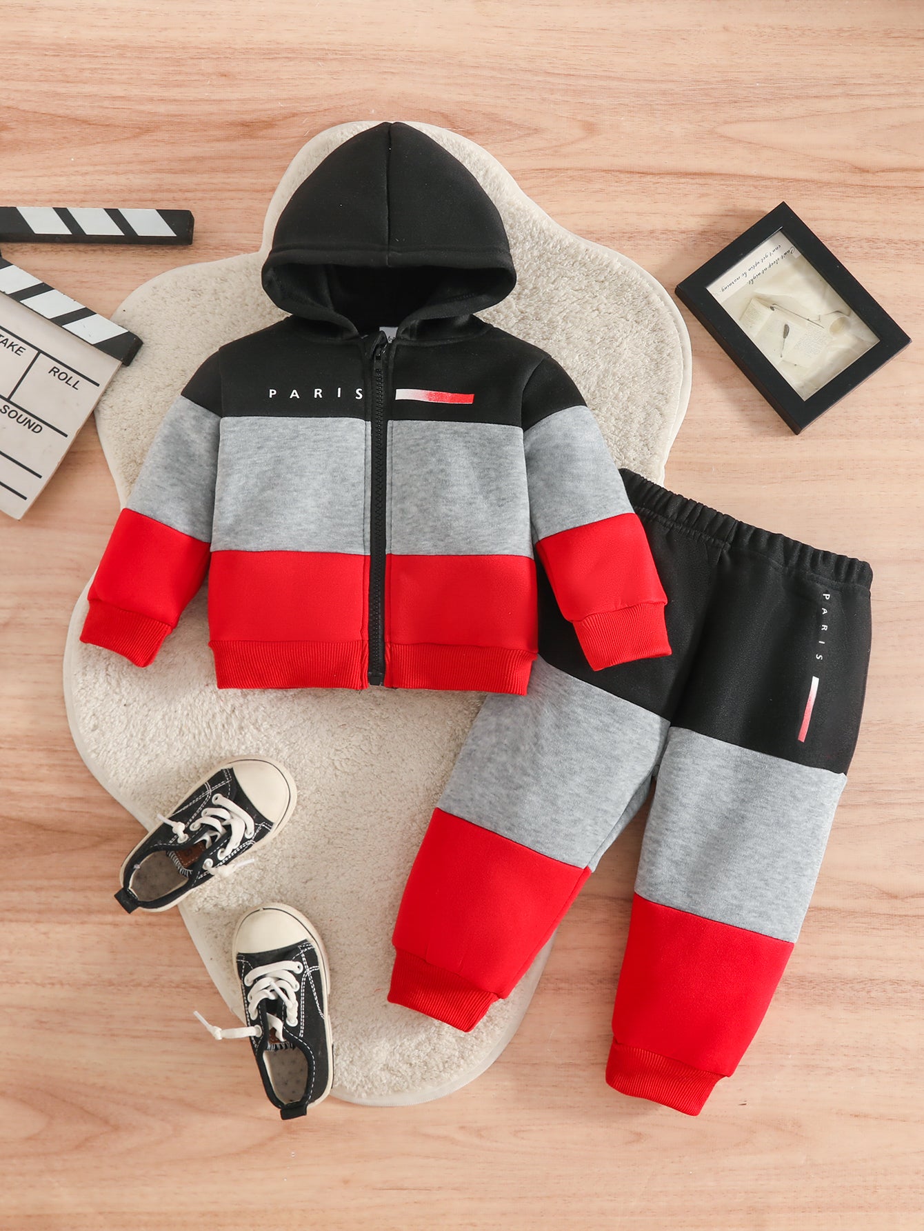 Wholesale 6M-3T Boys 2Pcs Color Block Paris Letter Zip Hoodie Outfit Set, Soft Cotton Knit Toddler Jacket & Jogger Pants