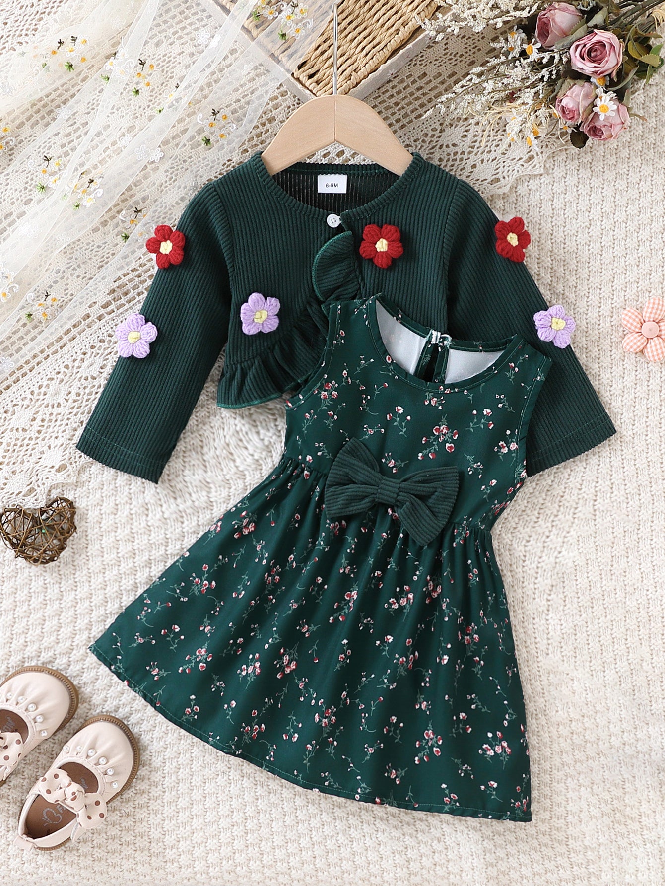 Wholesale 6M-3T Girls 2Pcs Floral Tank Dress & 3D Flower Knit Shrug Set, Soft Rib Knit Vintage Toddler Outfit