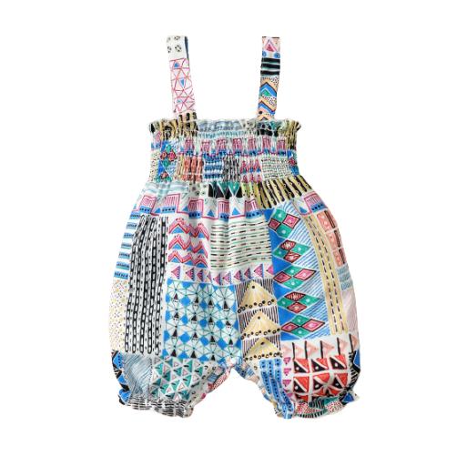 6M-3Y Ready Stock Baby Girls Romper National Pattern Print Splice Jumpsuits Straps Sleeveless One Piece Summer Bodysuits Blue Catpapa 112204619-1