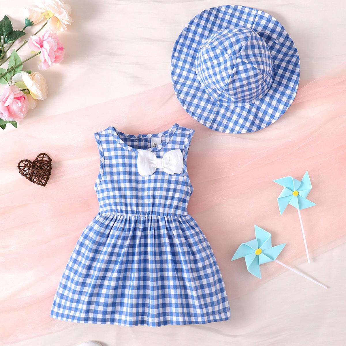 6M-3Y Kids Fashion Girls Clothes Sleeveless Plaid Bow Dress With Hat 2Pcs Blue Catpapa 112211042