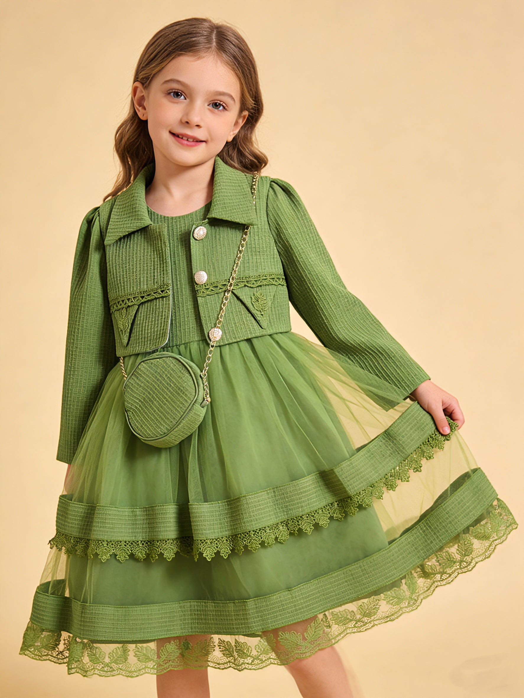 Wholesale 5-10Y Girls 3Pcs Waffle Lace Tiered Tulle Princess Dress Set, Kids Birthday Party Lapel Jacket Soft Fabric Formal Outfit With Mini Chain Bag