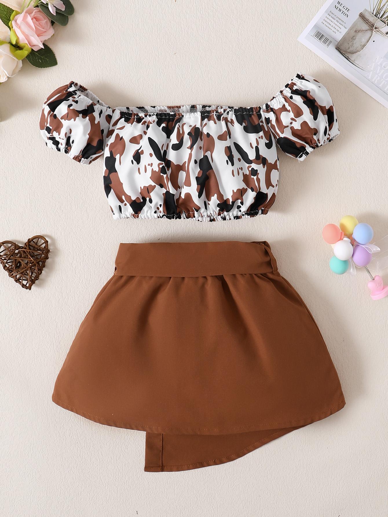 9M-4Y Baby girl one-shoulder short-sleeved brown cow pattern shorts suit baby girl clothes baby girl summer wear Catpapa 122110018