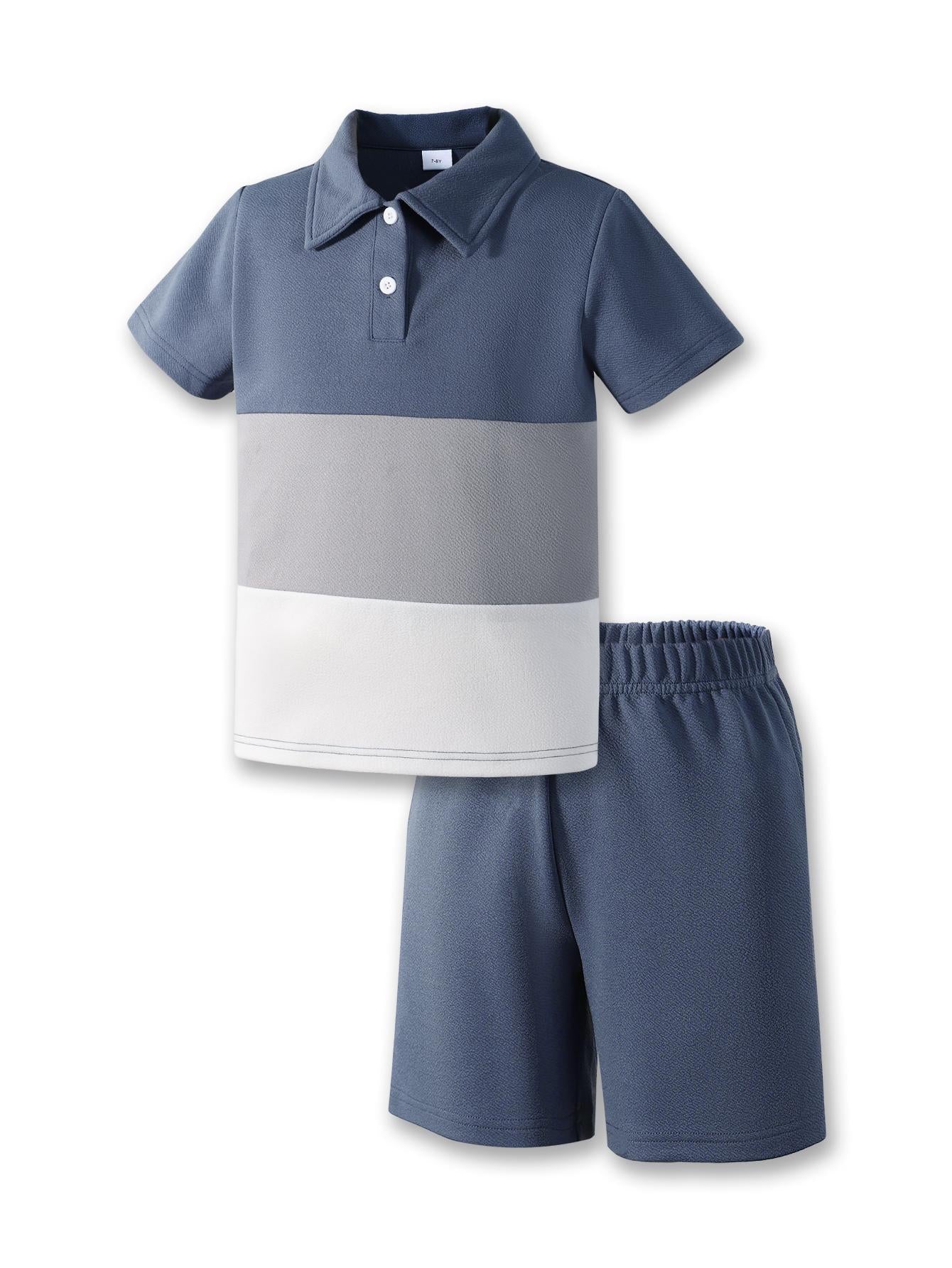 7-15Y Ready Stock Summer Outfits For  Kid Boys Color Block Turn-down Collar Polo Shirt Tops Elastic Shorts Sets 2Pcs Clothing Catpapa 462312460