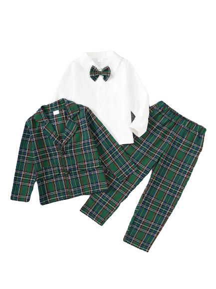 4-7Y 3pcs Boy's Plaid Patter Gentleman Outfit, Bowtie Shirt & Suit & Pants Set, Kid's Clothes Catpapa 462308166