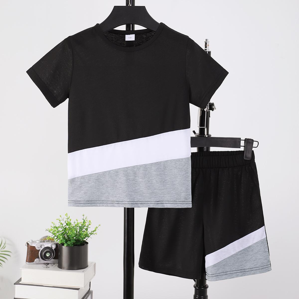 7-15Y Ready Stock  Big Boys Summer Clothes Three-color Splicing Short Casual Tee Elastic Shorts 2-Pieces Outfit Sets Black Catpapa 462401034/462401035