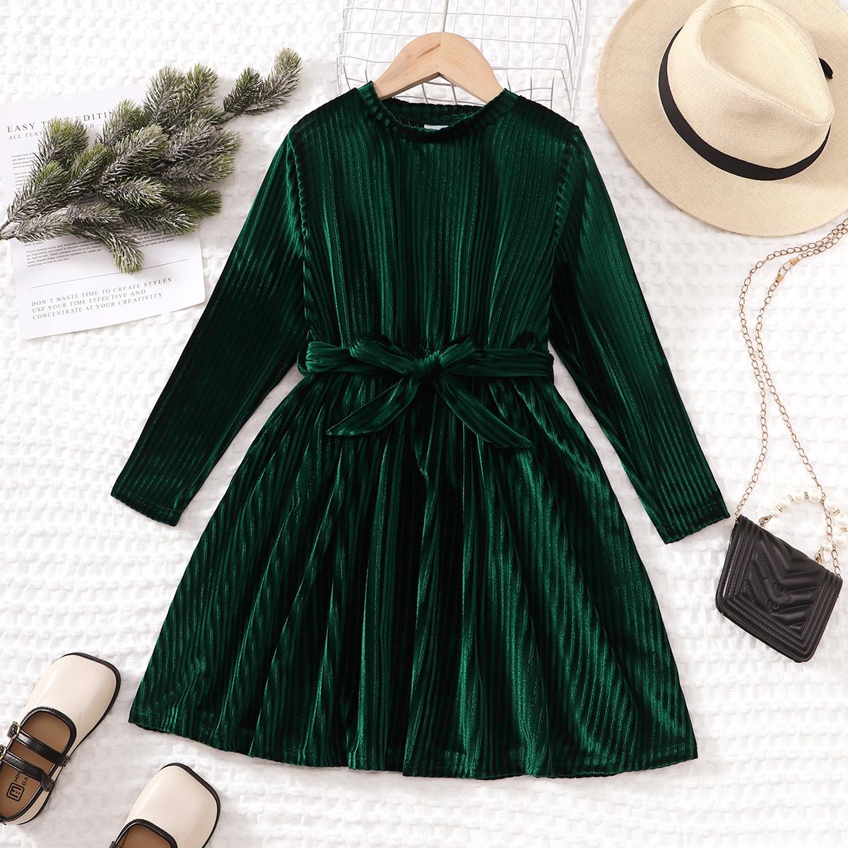 8-14Y Ready Stock Big Girls Dress Elegant Velvet Long Sleeve Dress With A Belt Girl'S Casual Dress Green Catpapa 462307015