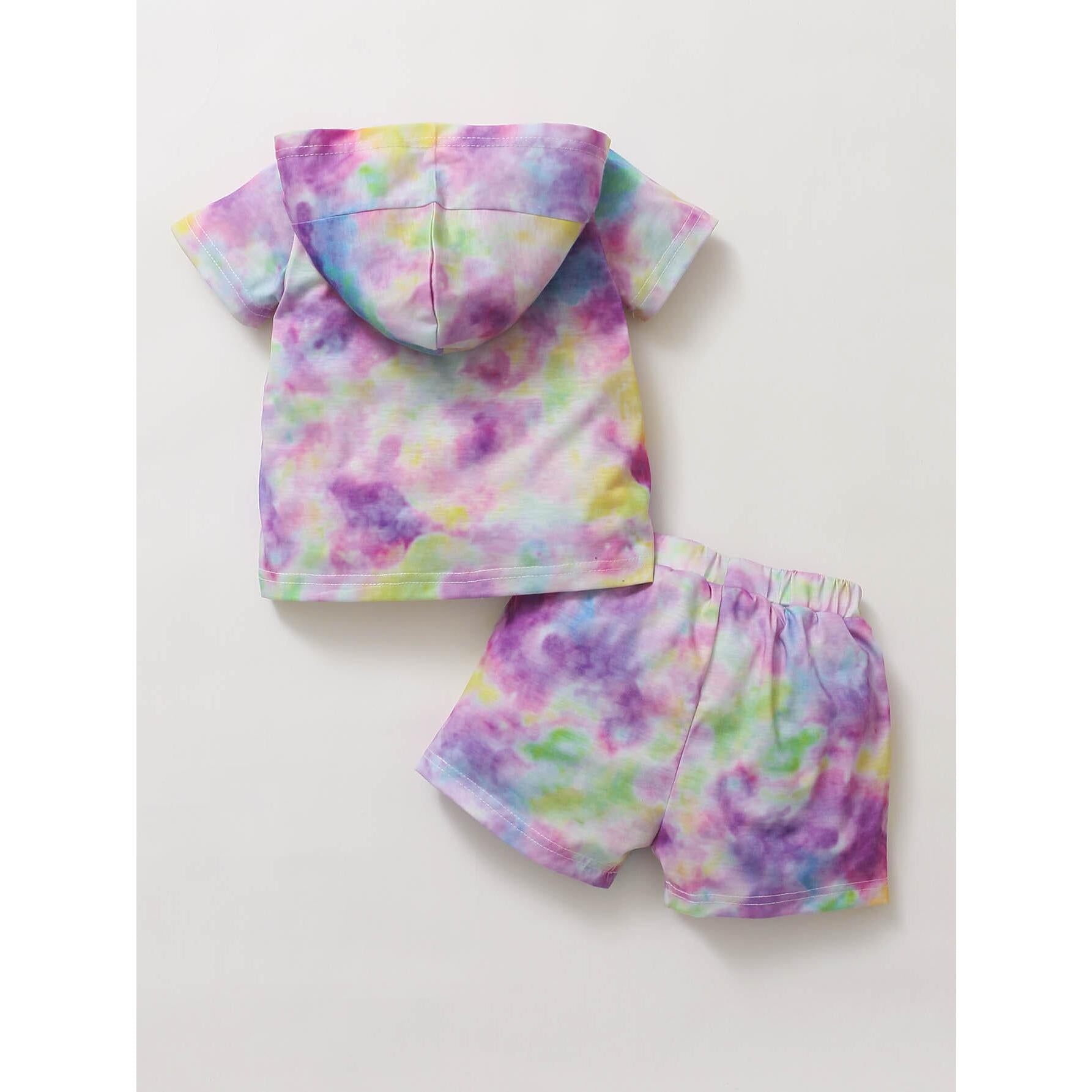 3-24M Kids Fashion Girl Clothes Shorts Outfits Tie-dyed Hooded Short Sleeve Shirt Top Shorts Set Catpapa 22011261