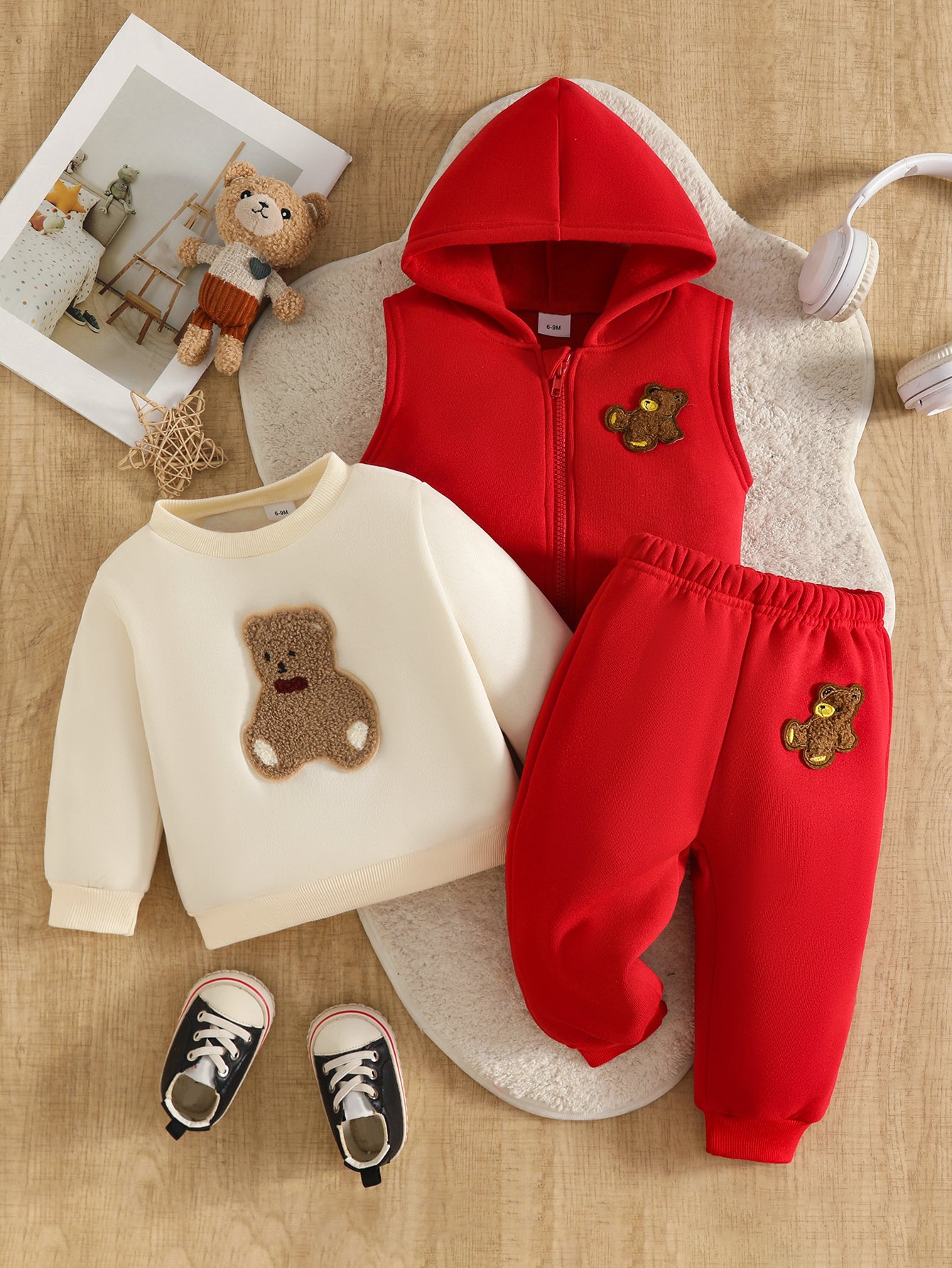 Wholesale 6M-3T Kids 3Pcs Bear Applique Hooded Vest Outfit Set, Soft Cotton Knit Unisex Toddler Sweatshirt & Jogger Pants